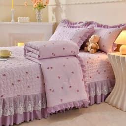 Bộ Chăn Ga Gối Cotton Đũi Ga Phủ Trần Bông Phối Ren Bèo Nhập Khẩu, Chăn Hè Trần Bông 3