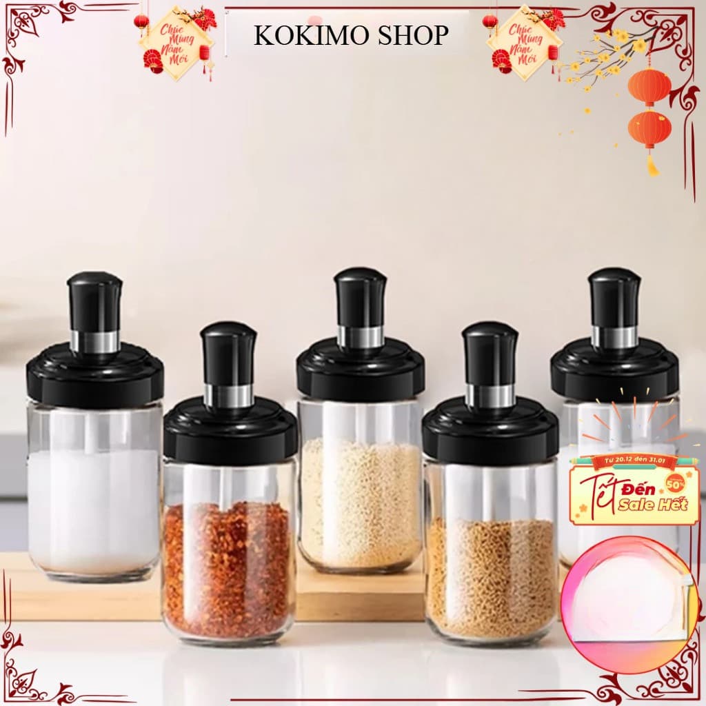 COMBO 5 Lọ Đựng Gia Vị Nhà Bếp KONOHA - Hũ Để Gia Vị Chất Liệu Thủy Tinh Sang Trọng Kèm Thìa