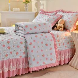 Bộ Chăn Ga Gối Cotton Đũi Ga Phủ Trần Bông Phối Ren Bèo Nhập Khẩu, Chăn Hè Trần Bông 7