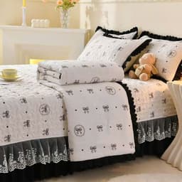 Bộ Chăn Ga Gối Cotton Đũi Ga Phủ Trần Bông Phối Ren Bèo Nhập Khẩu, Chăn Hè Trần Bông 6
