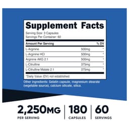 Nitric Oxide Nutricost 2250mg, 180 viên nang - 750mg mỗi viên, 60 khẩu phần 7