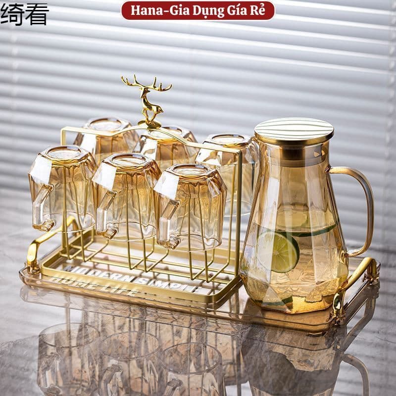 Combo Bình Cốc Chất Liệu Thuỷ Chịu Nhiệt BN01 Họa Tiết Sang Trọng ,6 Cốc  Có Quay Tiện Lợi Sang Trọng