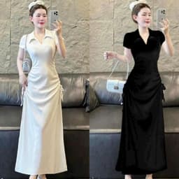 Đầm maxi thời trang nữ chất thun gân tay ngắn cổ sơ mi 2 bên dây rút eo váy đuôi cá dài thiết kế sang trọng 1