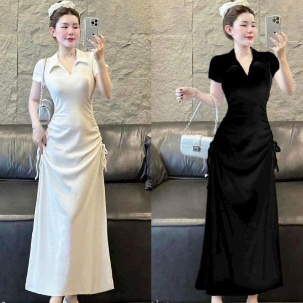 Đầm maxi thời trang nữ chất thun gân tay ngắn cổ sơ mi 2 bên dây rút eo váy đuôi cá dài thiết kế sang trọng