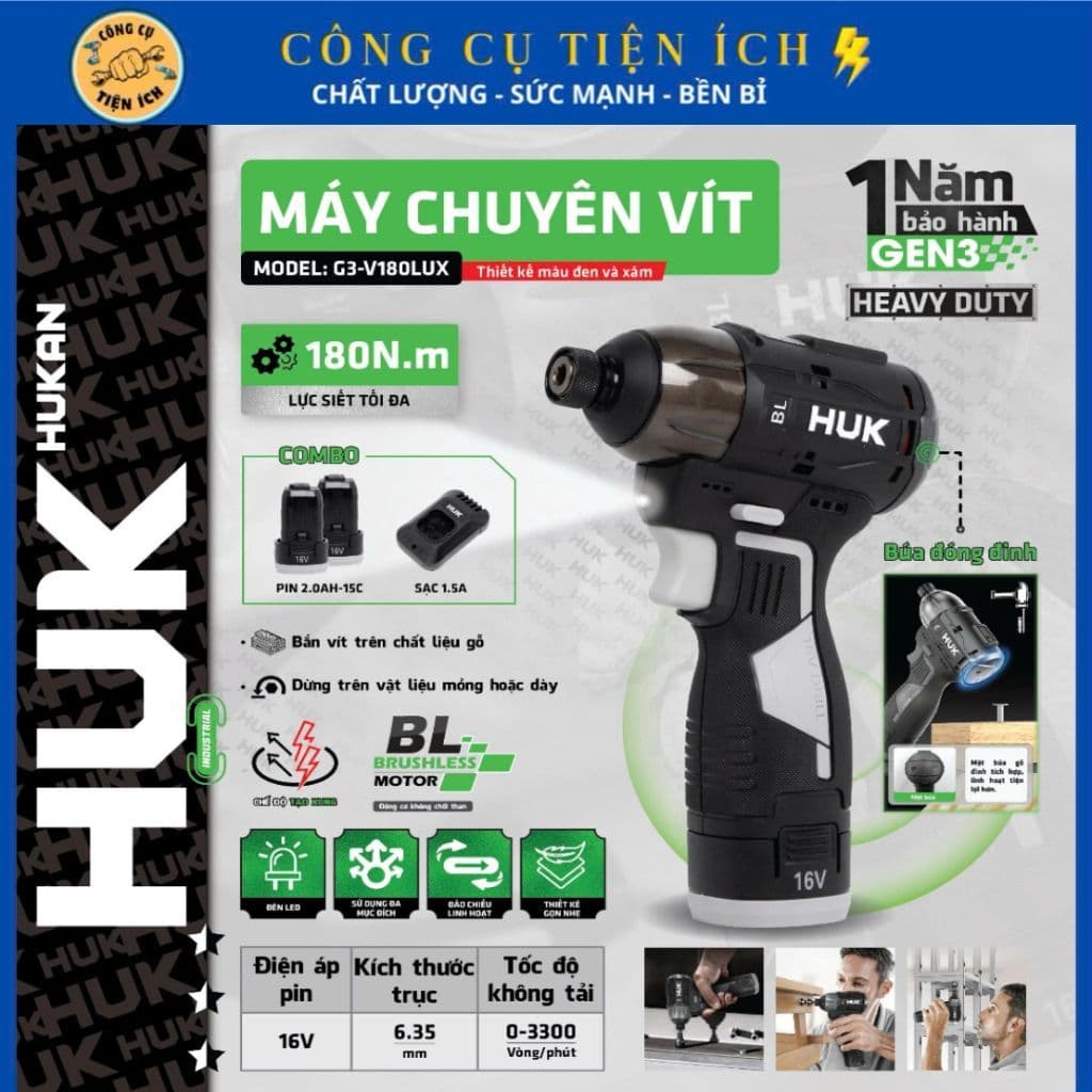 Máy Chuyên Vít Búa Pin 16V HUKAN HUK G3-V180LUX, Lực Siết 180Nm, Có Tạo Xung, Dừng Trên Bề Mặt Mỏng