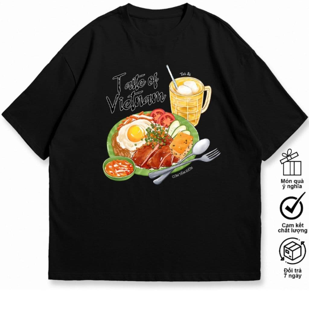 Áo Thun Món Ăn Việt Nam, Cơm Tấm Sườn Bì Chả. Hình Vẽ Ẩm Thực Hài Hước Độc Đáo. 100% Cotton, Co Giãn 2 Chiều 220GSM