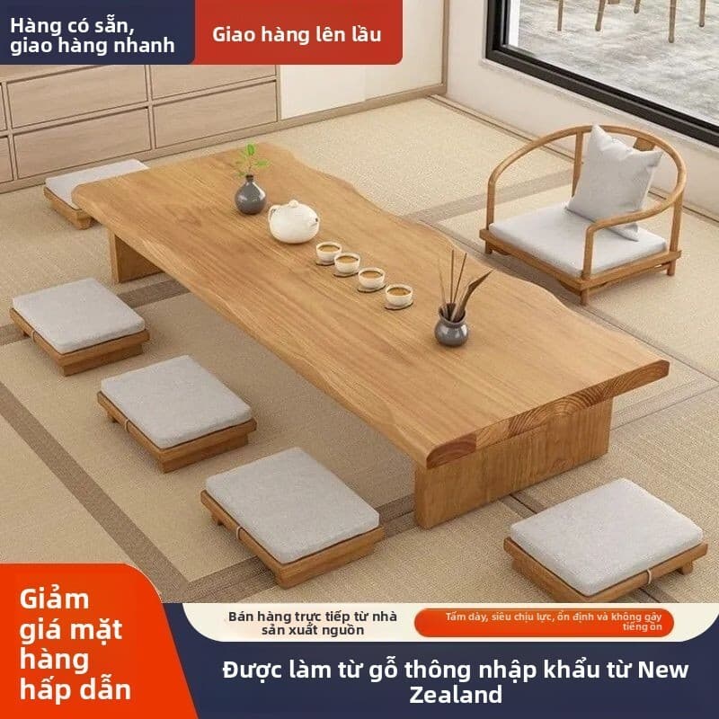 Bộ và ghế gỗ nguyên khối Nhật Bản, tatami, Kung Fu, sàn, bàn trà dài phong cách Zen thấp