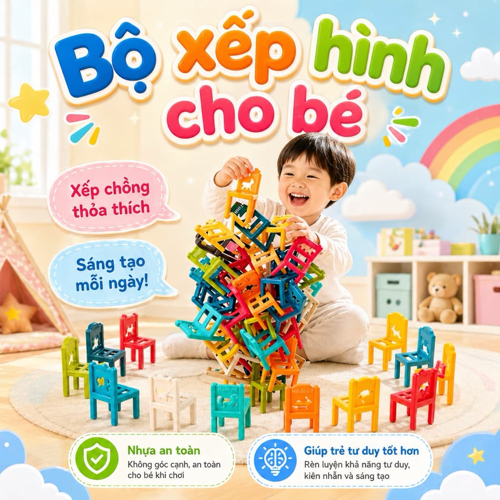 Bộ xếp hình ghế nhựa cho bé giúp phá triển tư duy và khéo tay, Đồ chơi phát triển trí não cho bé