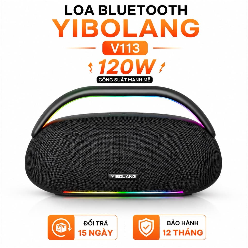 Loa Bluetooth YIBOLANG V113 120W - Pin 12000mAh, Bluetooth 5.0, Đèn LED RGB, TWS Ghép Đôi, Loa Xách Tay Âm Thanh 360°