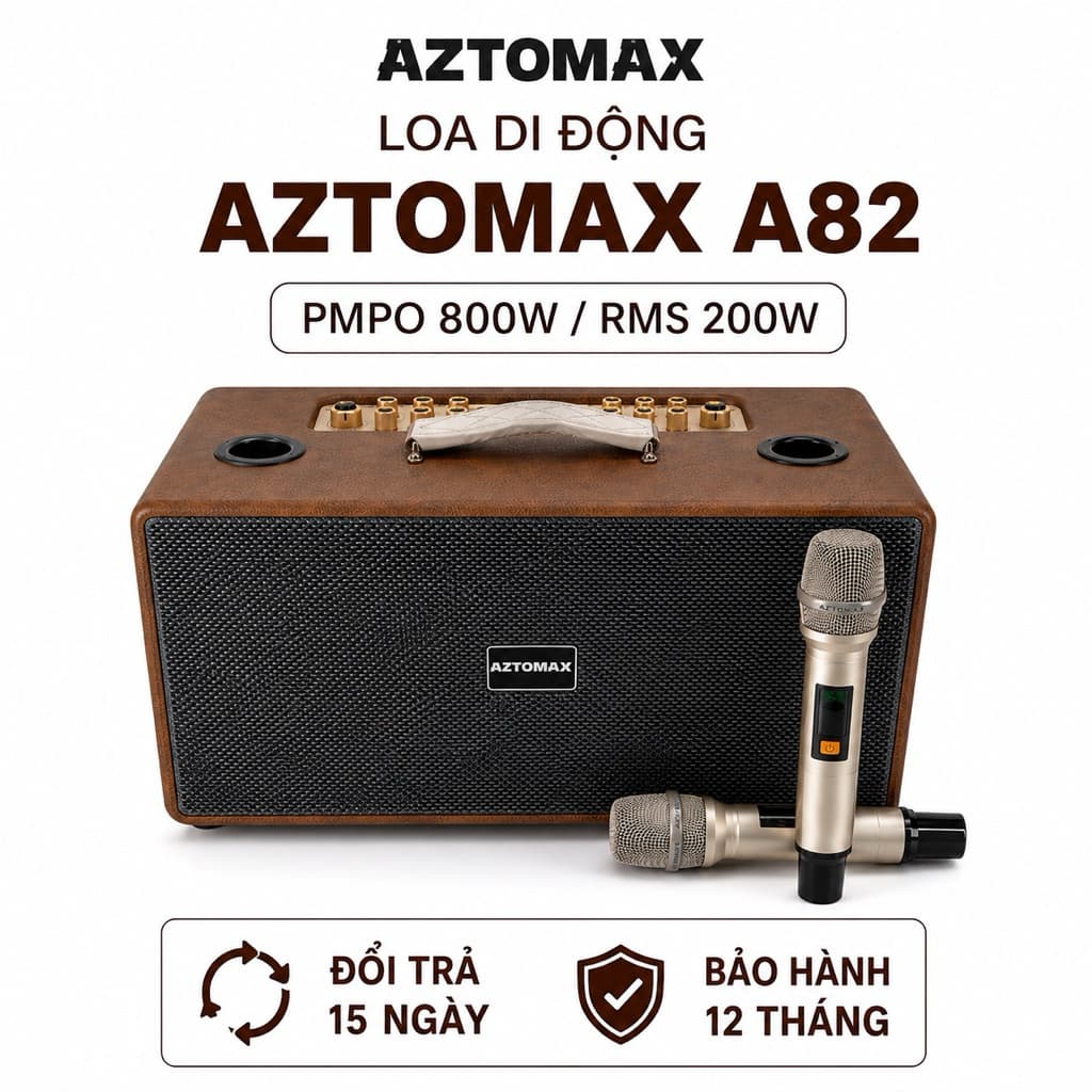 Loa Karaoke Bluetooth AZTOMAX A82 Công Suất RMS 200W PMPO 800W Kèm 2 Micro Không Dây Pin Sạc Dung Lượng Lớn