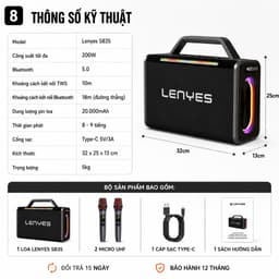 Loa Karaoke Bluetooth LENYES S835 200W Kèm 2 Micro UHF Không Dây - Pin 20000mAh, Bluetooth 5.0, Loa Xách Tay Hát Karaoke 8