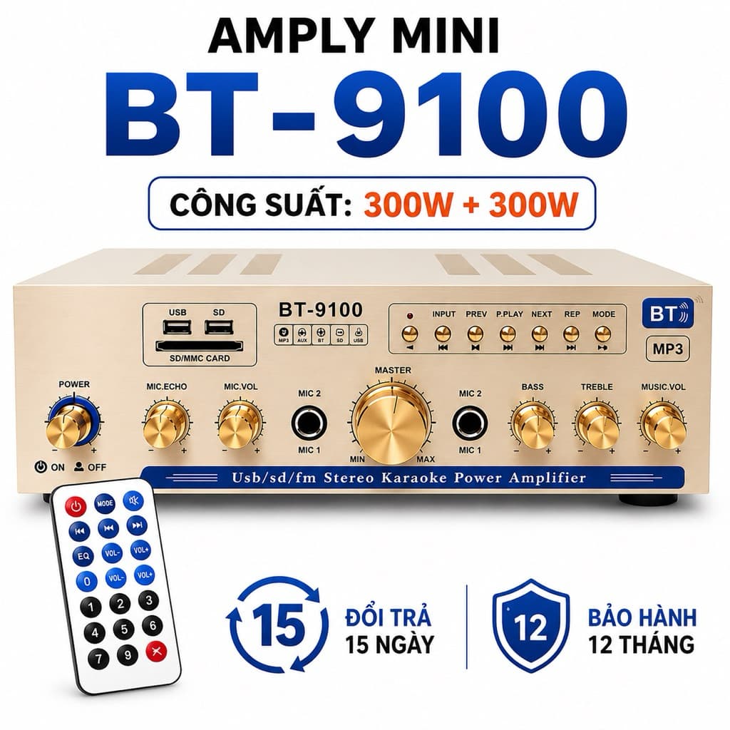 Amply Mini ORIS BT-9100 300W+300W Bluetooth 5.0 - Hỗ Trợ USB/SD/FM - Amply Karaoke Gia Đình
