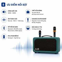Loa Karaoke Xách Tay AAR K885 300W-500W Kèm 2 Micro Không Dây, Bluetooth 5.0, Pin Lithium 4-8 Giờ 8