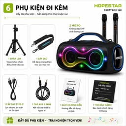 Loa Karaoke Bluetooth HOPESTAR PARTYBOX 168 100W Kèm 2 Micro Không Dây UHF, Bluetooth 5.3, Pin 32000mAh, Chống Nước IPX5 7