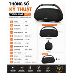 Loa Bluetooth YIBOLANG V113 120W - Pin 12000mAh, Bluetooth 5.0, Đèn LED RGB, TWS Ghép Đôi, Loa Xách Tay Âm Thanh 360° 8