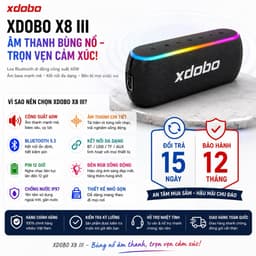 Loa Bluetooth XDOBO X8 III 60W + dây đeo – Bass Mạnh, Bluetooth 5.3, Chống Nước IPX7 7