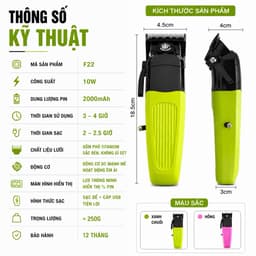 Tông Đơ Cắt Tóc Không Dây F22 Màn Hình LED Pin Trâu 2000mAh Kèm Bộ Cữ Chuyên Nghiệp 3