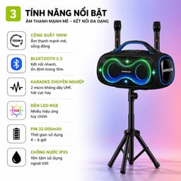 Loa Karaoke Bluetooth HOPESTAR PARTYBOX 168 100W Kèm 2 Micro Không Dây UHF, Bluetooth 5.3, Pin 32000mAh, Chống Nước IPX5 4