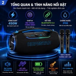 Loa Bluetooth Karaoke HOPESTAR A60 ULTRA 450W Kèm 2 Micro UHF Không Dây, Pin Rời 32000mAh, Bluetooth 5.4, Chống Nước 3