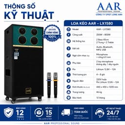 Loa Kéo AAR LX1580 Công Suất 250W-800W, 2 Bass 40cm, Kèm 2 Micro Không Dây, Pin Lithium 12.8V-12A, Karaoke Gia Đình 8