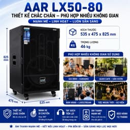 Loa Kéo AAR LX50-80 Công Suất 300W-500W Kèm 2 Micro Không Dây, Bass 50cm, Bluetooth, Pin Lithium 4-8 Giờ, Loa Karaoke 8