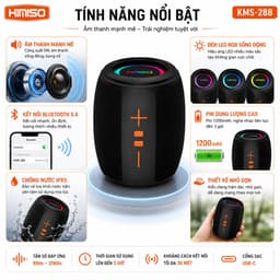 Loa Bluetooth Kimiso KMS-288 Mini 5W Chống Nước IPX5 Đèn LED RGB Bluetooth 5.4 Pin 1200mAh Cổng USB-C 6