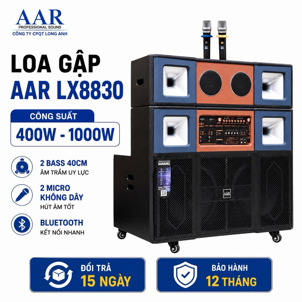Loa Gập AAR LX8830 Công Suất 400W-1000W, 2 Bass 40cm, Kèm 2 Micro Không Dây, Bluetooth, Pin Lithium 12.8V, Loa Karaoke