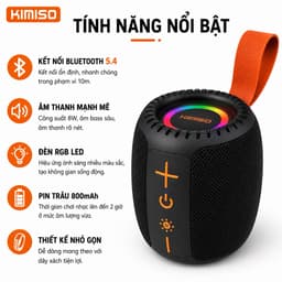 Loa Bluetooth Kimiso KMS-335 Chính Hãng - Bluetooth 5.4, RGB LED, Chống Nước IPX5, Hỗ Trợ USB/TF/FM, Công Suất 8W 3