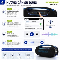 Loa Bluetooth Karaoke HOPESTAR A60 ULTRA 450W Kèm 2 Micro UHF Không Dây, Pin Rời 32000mAh, Bluetooth 5.4, Chống Nước 4