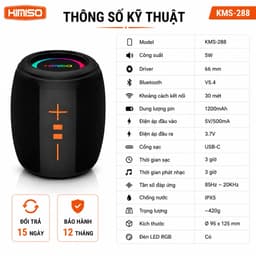 Loa Bluetooth Kimiso KMS-288 Mini 5W Chống Nước IPX5 Đèn LED RGB Bluetooth 5.4 Pin 1200mAh Cổng USB-C 3