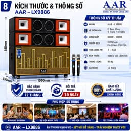 Loa Kéo Di Động AAR LX9886 1200W - 2 Bass 50cm, Kèm 2 Micro Không Dây, Pin Lithium 12.8V-12A 8