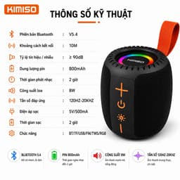 Loa Bluetooth Kimiso KMS-335 Chính Hãng - Bluetooth 5.4, RGB LED, Chống Nước IPX5, Hỗ Trợ USB/TF/FM, Công Suất 8W 4