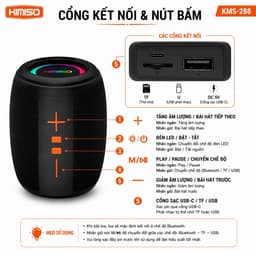 Loa Bluetooth Kimiso KMS-288 Mini 5W Chống Nước IPX5 Đèn LED RGB Bluetooth 5.4 Pin 1200mAh Cổng USB-C 4