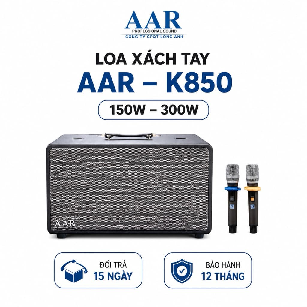 Loa Karaoke Xách Tay AAR K850 300W Kèm 2 Micro Không Dây UHF - Bluetooth 5.0, Pin Sạc, Hỗ Trợ USB/AUX/HDMI ARC