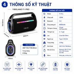 Loa Bluetooth Karaoke YIBOLANG F1-Pro 120W Kèm Micro Không Dây DSP Bluetooth 5.0 Pin 8000mAh Loa Xách Tay Ngoài Trời 4