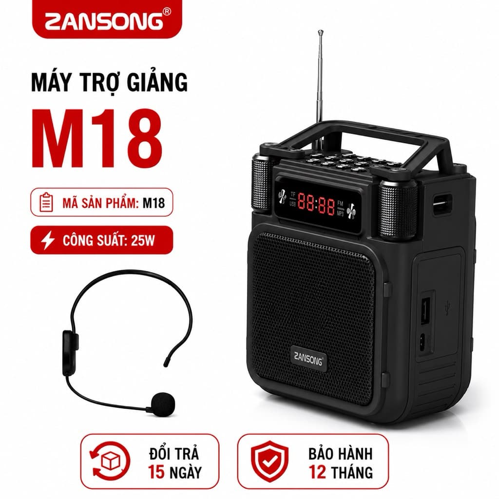 Loa Trợ Giảng Không Dây ZANSONG M18 Kèm Micro Đeo Đầu UHF - Bluetooth USB TF AUX - Pin 6000mAh - Loa Giảng Dạy, Bán Hàng
