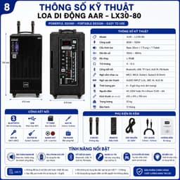 Loa Kéo Di Động AAR LX30-80 Bass 30cm Kèm 2 Micro Không Dây Bluetooth Công Suất 80W-150W Pin Lithium 8