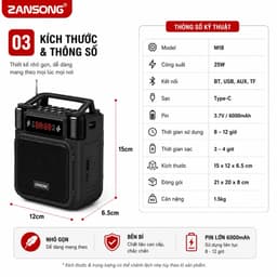 Loa Trợ Giảng Không Dây ZANSONG M18 Kèm Micro Đeo Đầu UHF - Bluetooth USB TF AUX - Pin 6000mAh - Loa Giảng Dạy, Bán Hàng 3
