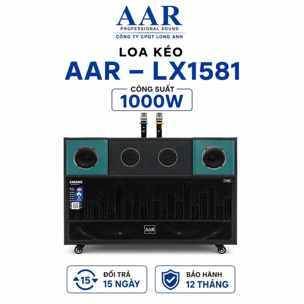LOA KÉO AAR LX1581 1000W | 2 Bass 40cm | Kèm 2 Micro Không Dây | Bluetooth USB Karaoke Gia Đình Sự Kiện