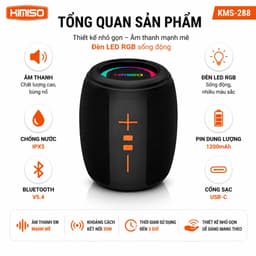 Loa Bluetooth Kimiso KMS-288 Mini 5W Chống Nước IPX5 Đèn LED RGB Bluetooth 5.4 Pin 1200mAh Cổng USB-C 2