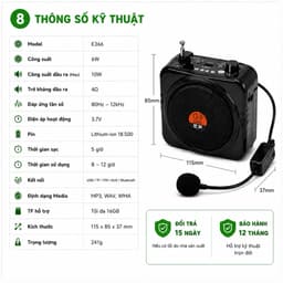 Máy Trợ Giảng Không Dây E366 Mic UHF Bluetooth Loa Đeo Người 6W Hỗ Trợ USB TF FM Cho Giáo Viên Hướng Dẫn Viên 8