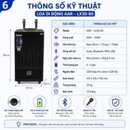 Loa Kéo Di Động AAR LX30-80 Bass 30cm Kèm 2 Micro Không Dây Bluetooth Công Suất 80W-150W Pin Lithium 6