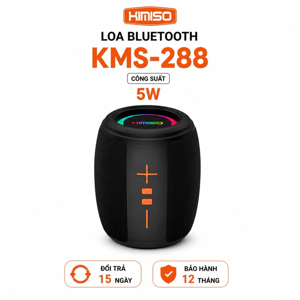 Loa Bluetooth Kimiso KMS-288 Mini 5W Chống Nước IPX5 Đèn LED RGB Bluetooth 5.4 Pin 1200mAh Cổng USB-C