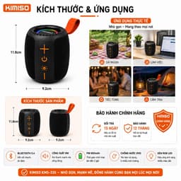Loa Bluetooth Kimiso KMS-335 Chính Hãng - Bluetooth 5.4, RGB LED, Chống Nước IPX5, Hỗ Trợ USB/TF/FM, Công Suất 8W 8