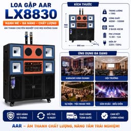 Loa Gập AAR LX8830 Công Suất 400W-1000W, 2 Bass 40cm, Kèm 2 Micro Không Dây, Bluetooth, Pin Lithium 12.8V, Loa Karaoke 8
