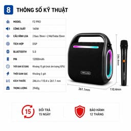 Loa Karaoke Bluetooth Yibolang F2 Pro 160W Kèm Micro Không Dây - Pin 12000mAh, DSP Chống Hú, Chống Nước IPX6 9
