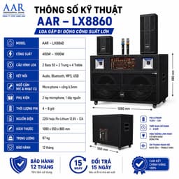 Loa Gập AAR LX8860 Công Suất 400W-1000W Kèm 2 Micro Không Dây, Pin Lithium 12.8V-12A, Loa Kéo Di Động Karaoke Sự Kiện 8