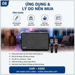 Loa Karaoke Xách Tay AAR K850 300W Kèm 2 Micro Không Dây UHF - Bluetooth 5.0, Pin Sạc, Hỗ Trợ USB/AUX/HDMI ARC 8
