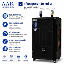 Loa Kéo Karaoke AAR LX40-81 Công Suất 500W Bass 40cm Kèm 2 Micro Không Dây Bluetooth USB Pin Lithium 12.8V 2
