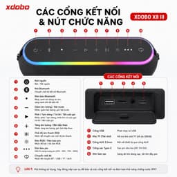 Loa Bluetooth XDOBO X8 III 60W + dây đeo – Bass Mạnh, Bluetooth 5.3, Chống Nước IPX7 8